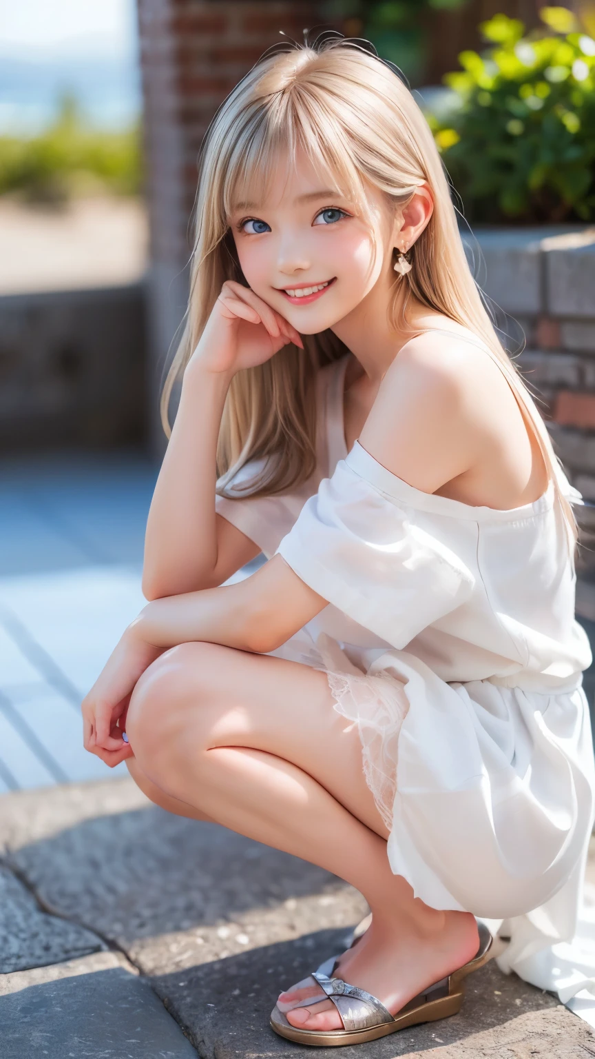 ((sfw: 1.4)), (( detailed face, cute face, detailed face, professional photography)), ((((standing)), (from side), (both hands on knee) , leaning forward ( grin smile : 1.2), earrings)), (( Shiny platinum blonde silk hair, beautiful shiny bangs, big clear sky blue eyes, very beautiful bright eye highlights, 1 Girl)), Ultra High Resolution, (Realistic: 1.4), RAW Photo, Best Quality, (Photorealistic Stick), Focus, Soft Light, (()), (( (young face))), (surface), (depth of field), masterpiece, (realistic), woman, bangs, ((1 girl))