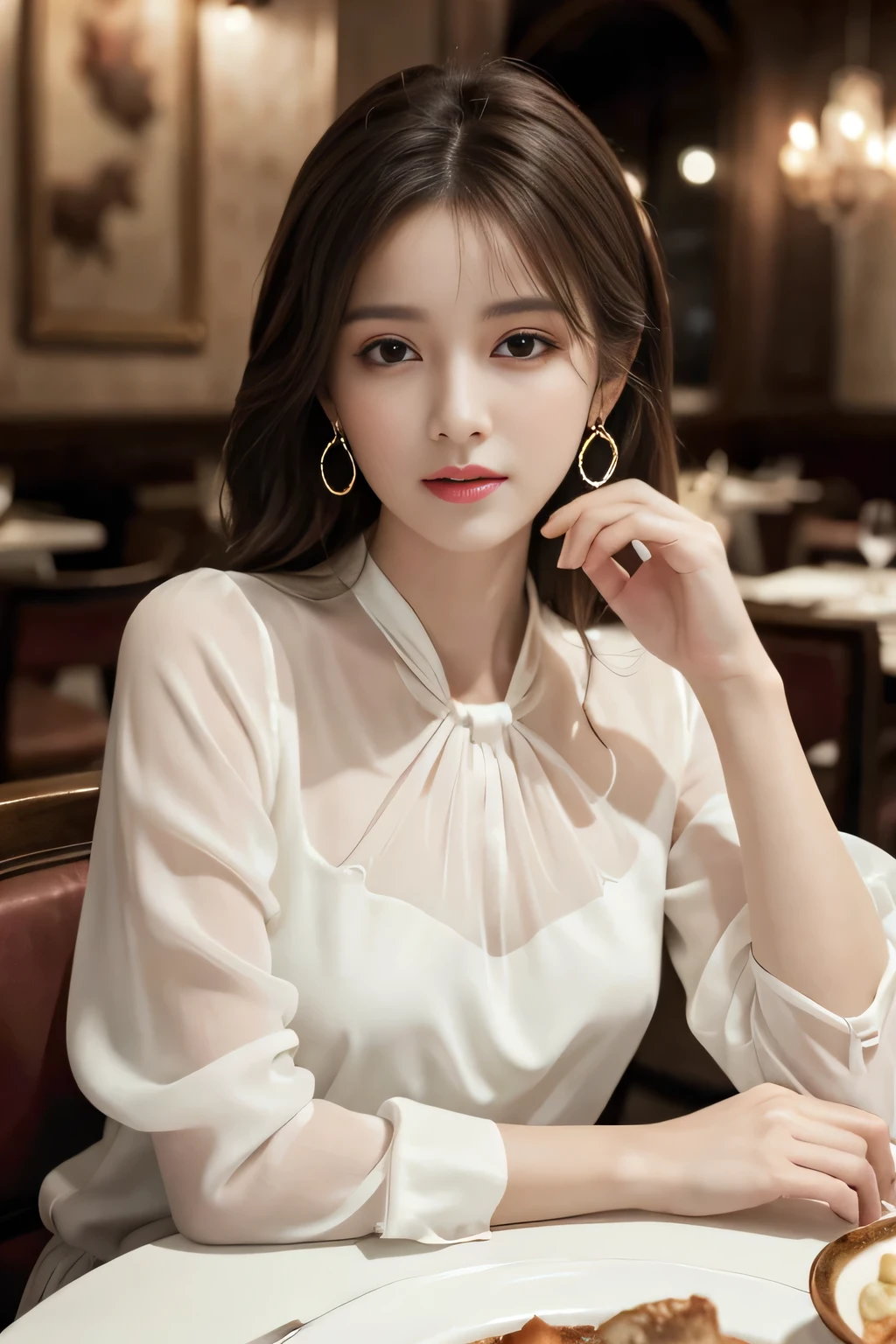 masterpiece, highest quality, Realistic, Very detailed, Finer details, High resolution, 8k wallpaper, One beautiful woman, Wear an elegant white see-through blouse, In a great restaurant, At night, Light brown messy hair, Perfect dynamic composition, Beautiful and beautiful eyes、Big earrings、Sitting in a chair、