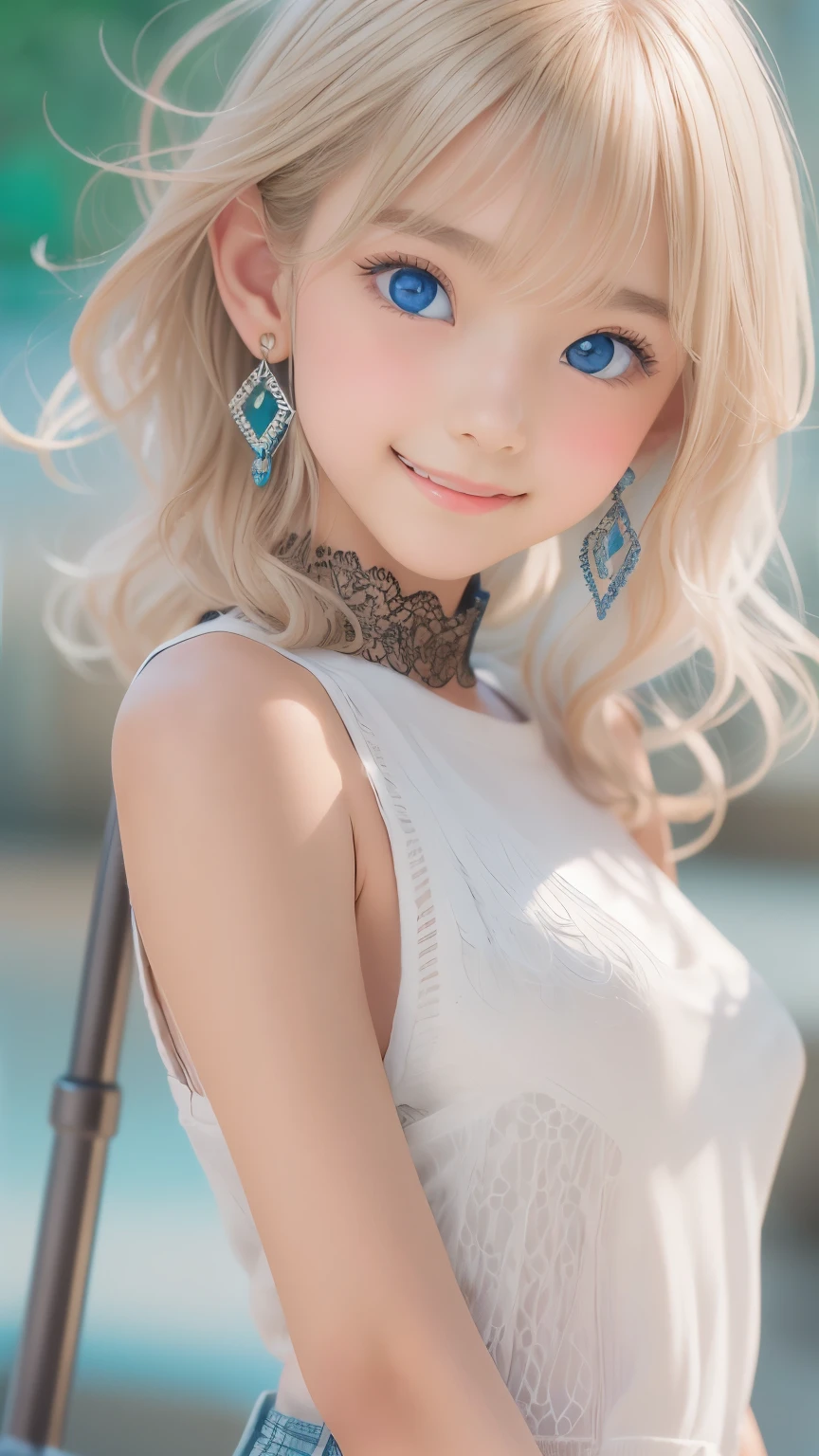 ((sfw: 1.4)), (( detailed face, cute face, detailed face, professional photography)), ((((standing)), (from side), (both hands on knee) , leaning forward ( grin smile : 1.2), earrings)), (( Shiny platinum blonde silk hair, beautiful shiny bangs, big clear sky blue eyes, very beautiful bright eye highlights, 1 Girl)), Ultra High Resolution, (Realistic: 1.4), RAW Photo, Best Quality, (Photorealistic Stick), Focus, Soft Light, (()), (( (young face))), (surface), (depth of field), masterpiece, (realistic), woman, bangs, ((1 girl))