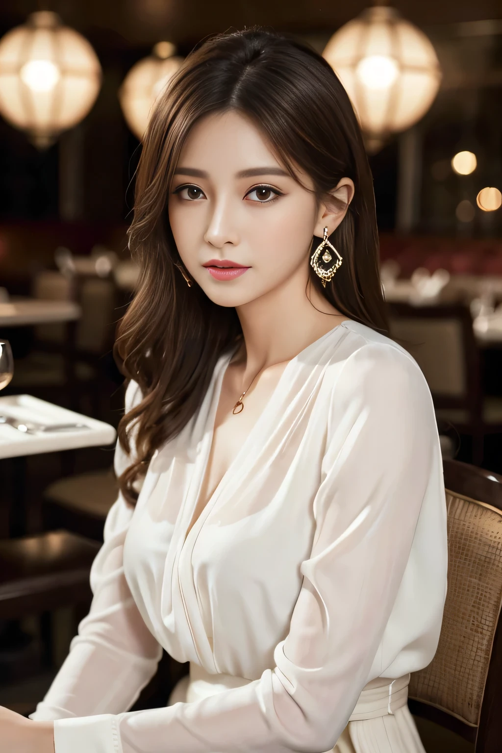 masterpiece, highest quality, Realistic, Very detailed, Finer details, High resolution, 8k wallpaper, One beautiful woman, Wear an elegant white see-through blouse, In a great restaurant, At night, Light brown messy hair, Perfect dynamic composition, Beautiful and beautiful eyes、Big earrings、Sitting in a chair、