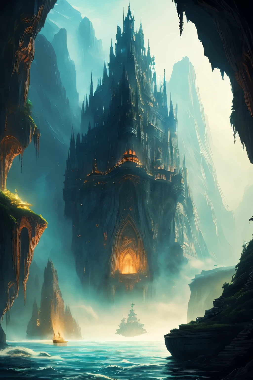 Large lighted ship floating in a cave, Gothic ship at sea, inspired by Gaston Bussiere, 壮大なFantasy Sci-Fi イラスト, highly detailed fantasy art, Giant floating castle, Fantasy Sci-Fi, Detailed fantasy digital art, an impossibly huge pirate ship, inspired by Marc Simonetti, epic scifi fantasy art, mystical sci-fi concept art