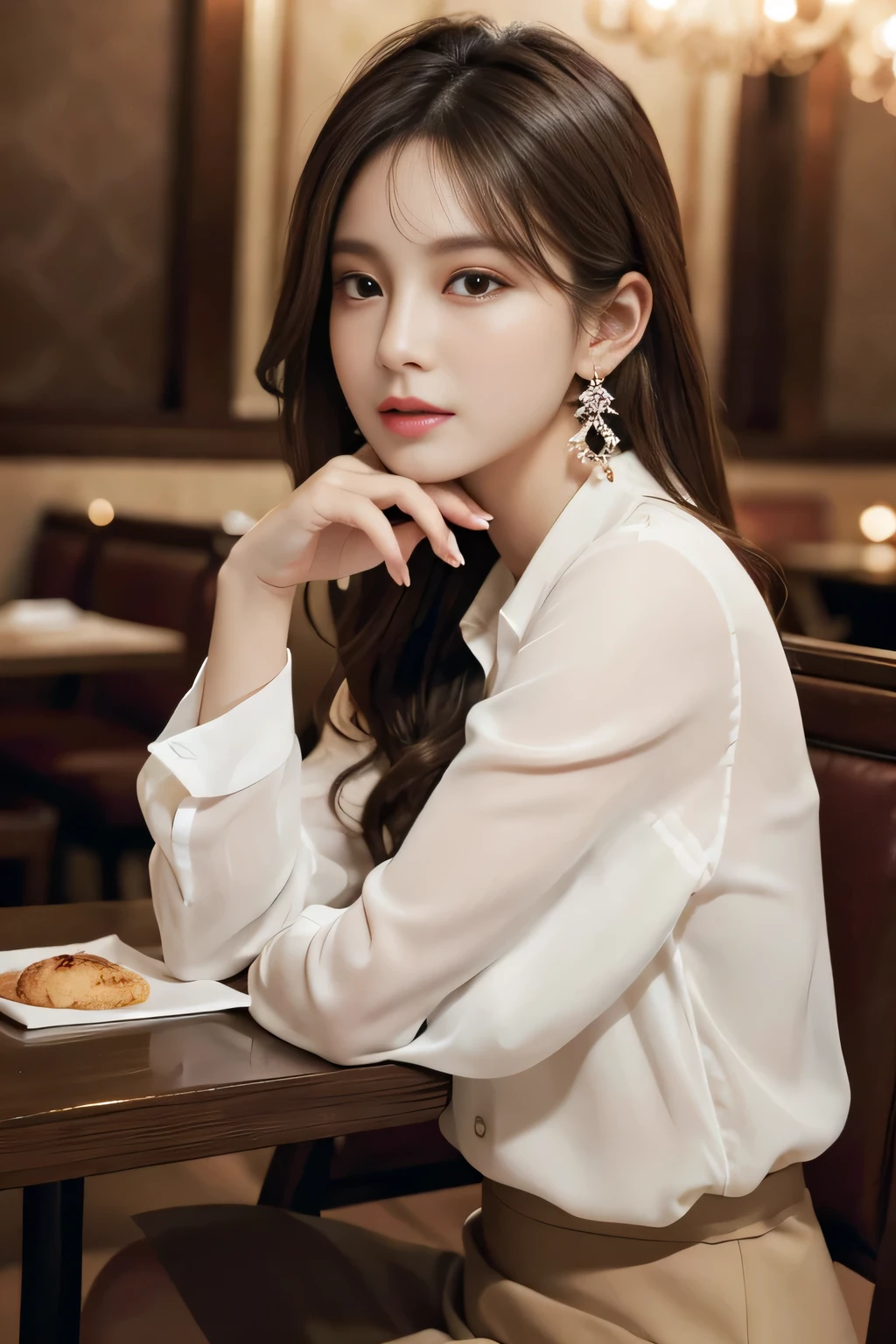 masterpiece, highest quality, Realistic, Very detailed, Finer details, High resolution, 8k wallpaper, One beautiful woman, Wear an elegant white see-through blouse, In a great restaurant, At night, Light brown messy hair, Perfect dynamic composition, Beautiful and beautiful eyes、Big earrings、Sitting in a chair、