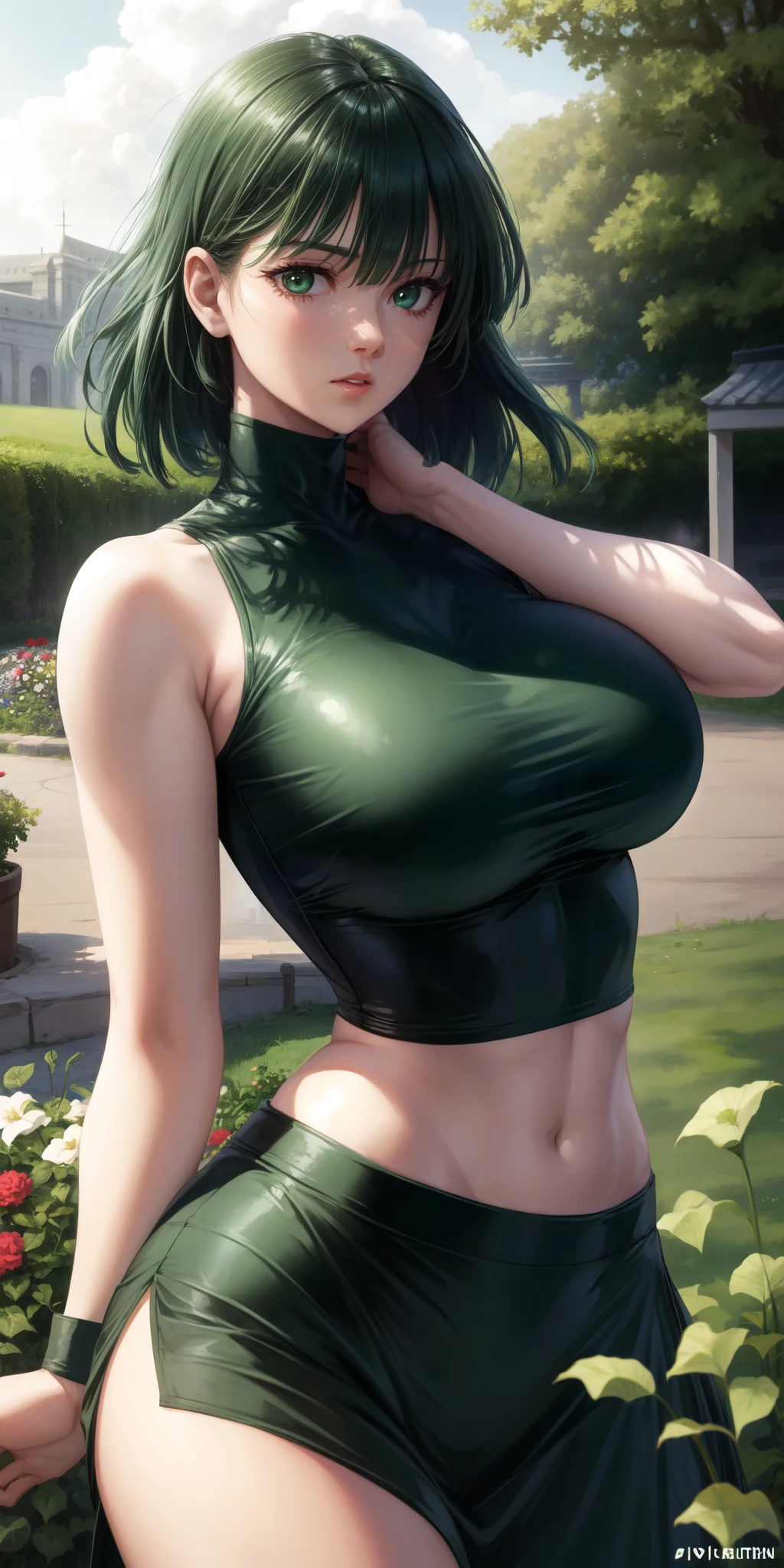 realistic, 1girl, Fubuki, green hair, green eyes, big round breasts, pure white skin, shining eyes, dark green crop top, dark green skirt, parted lips, rouge, night, flowers, sun, sunshine