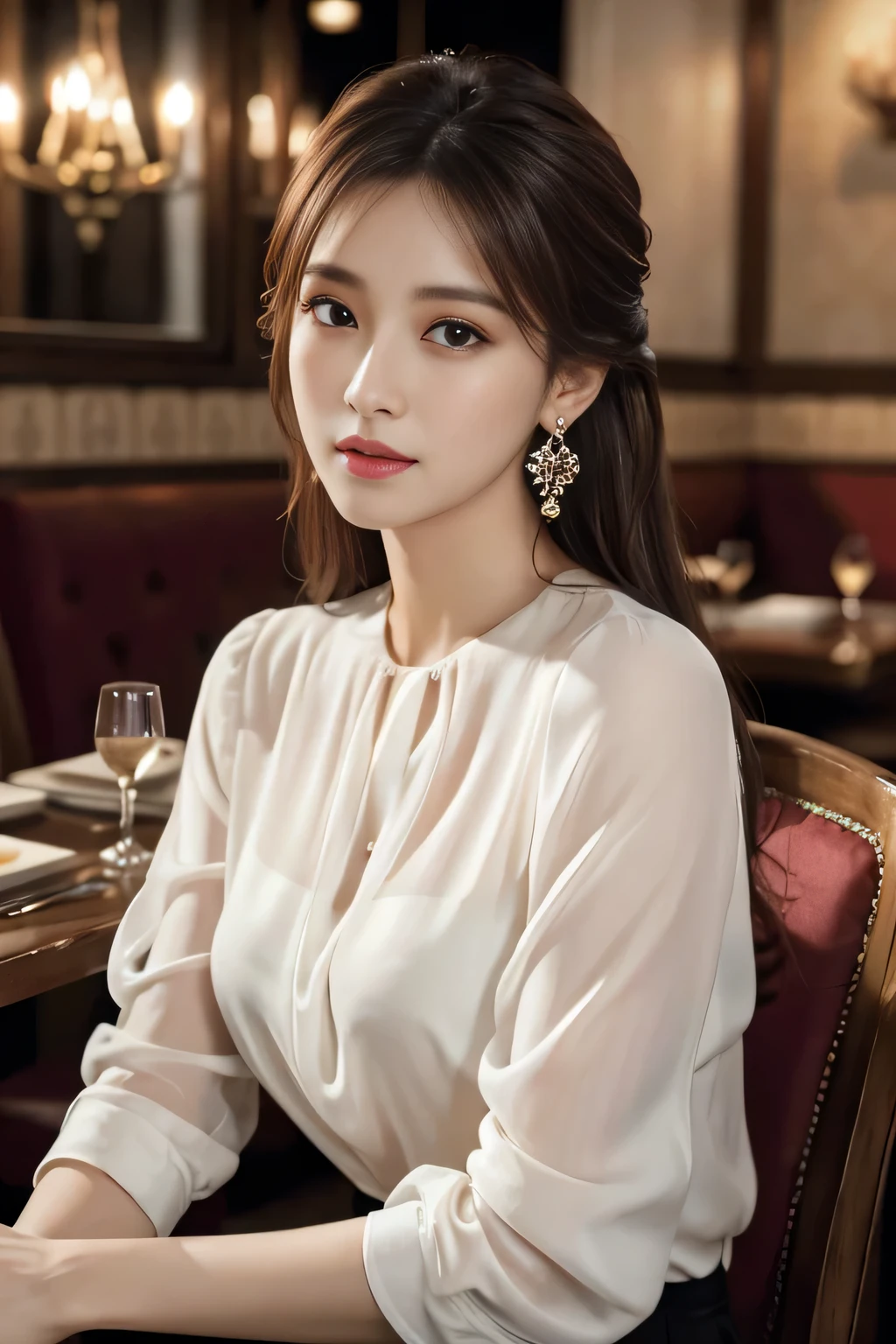 masterpiece, highest quality, Realistic, Very detailed, Finer details, High resolution, 8k wallpaper, One beautiful woman, Wear an elegant white see-through blouse, In a great restaurant, At night, Light brown messy hair, Perfect dynamic composition, Beautiful and beautiful eyes、Big earrings、Sitting in a chair、