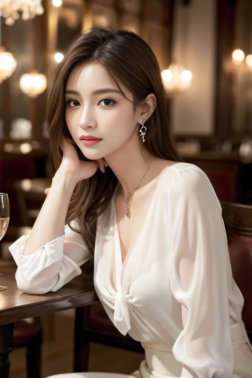 masterpiece, highest quality, Realistic, Very detailed, Finer details, High resolution, 8k wallpaper, One beautiful woman, Wear an elegant white see-through blouse, In a great restaurant, At night, Light brown messy hair, Perfect dynamic composition, Beautiful and beautiful eyes、Big earrings、Sitting in a chair、