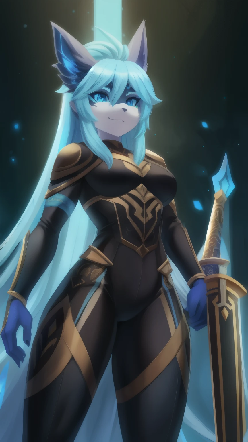 An enigmatic-looking creature, com um olho azul que emana uma energia sombria, is dressed in tight clothing that exudes an air of fatal seduction. Ela apresenta grandes seios e um corpo bem formado, raising a sword and holding a shield that protects the void. Seu cabelo loiro e longo brilha mortal, se movendo com uma aura de misteriosa eletrizante.