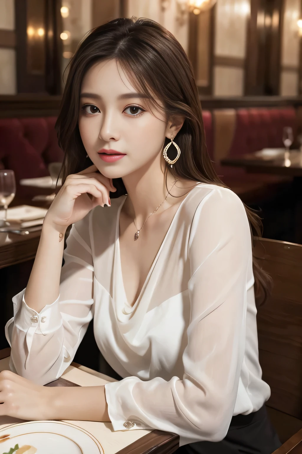 masterpiece, highest quality, Realistic, Very detailed, Finer details, High resolution, 8k wallpaper, One beautiful woman, Wear an elegant white see-through blouse, In a great restaurant, At night, Light brown messy hair, Perfect dynamic composition, Beautiful and beautiful eyes、Big earrings、Sitting in a chair、