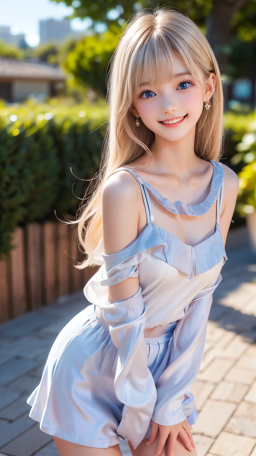 ((sfw: 1.4)), (( detailed face, cute face, detailed face,  professional photography)), ((((standing)), from back), (both hands on knee) , leaning forward ( grin smile : 1.2),  earrings)), (( Shiny platinum blonde silk hair, beautiful shiny bangs, big clear sky blue eyes, very beautiful bright eye highlights, 1 Girl)), Ultra High Resolution, (Realistic: 1.4), RAW Photo, Best Quality, (Photorealistic Stick), Focus, Soft Light, ((15 years old)), (( (young face))), (surface), (depth of field), masterpiece, (realistic), woman, bangs, ((1 girl))