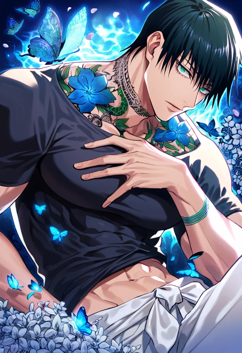 Ultra detailed, Highres, absurdres, HDR, Fushiguro Touji, black straight hair, expressive green eyes, black tight shirt with patterns, Jujutsu Kaisen, blue flowers, petals, handsome, sexy man, solo, very detailed eyes and face, glittering blue butterflies, master piece, toned chest, glittering, fantasy, cross, tattoo on his neck, blue background, blue flames, white baggy pants,