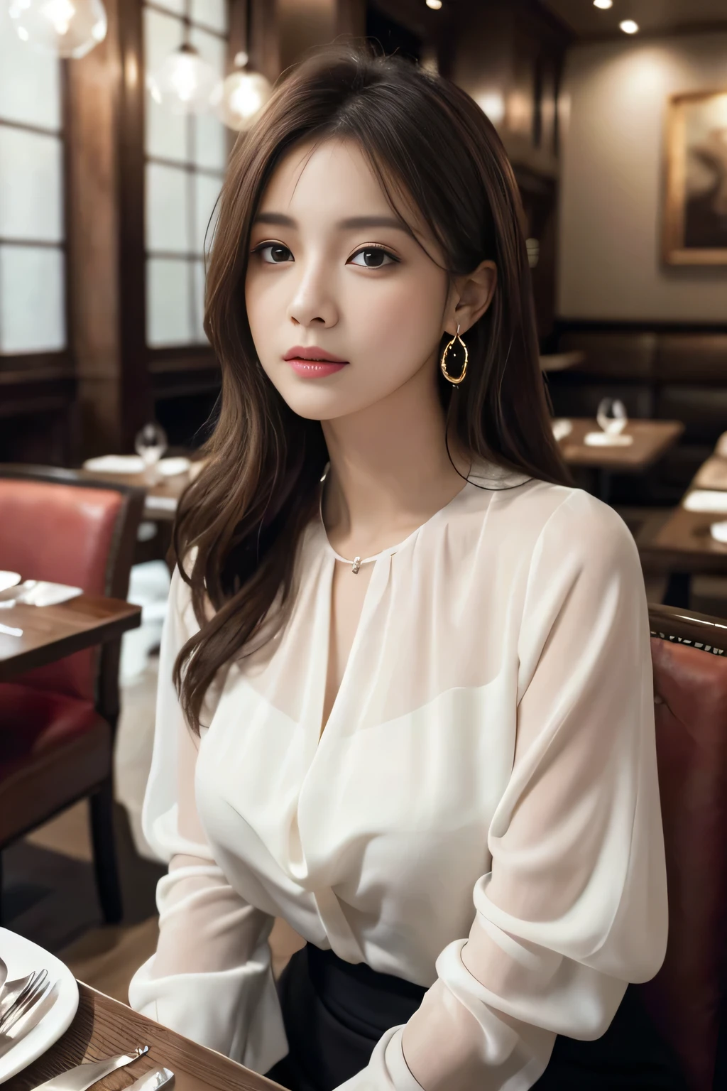 masterpiece, highest quality, Realistic, Very detailed, Finer details, High resolution, 8k wallpaper, One beautiful woman, Wear an elegant white see-through blouse, In a great restaurant, At night, Light brown messy hair, Perfect dynamic composition, Beautiful and beautiful eyes、Big earrings、Sitting in a chair、