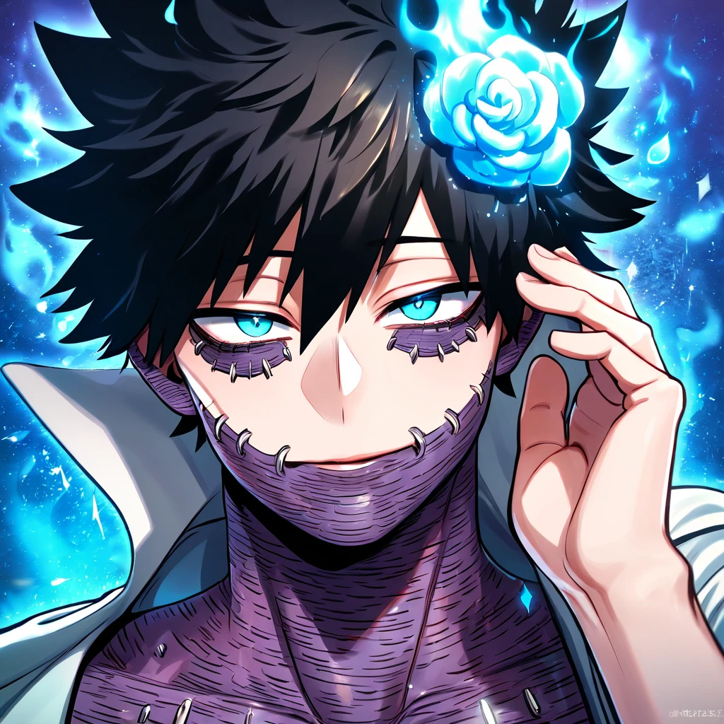 absurdres, highres, ultra detailed, HDR, master piece, best quality, Dabi, black hair spiked around his head, expressive turquoise eyes, Boku no hero academia, solo, sexy man, handsome, magical, fantasy, blue flames background, blue roses, shining, blue petals, blue glittering fireflies