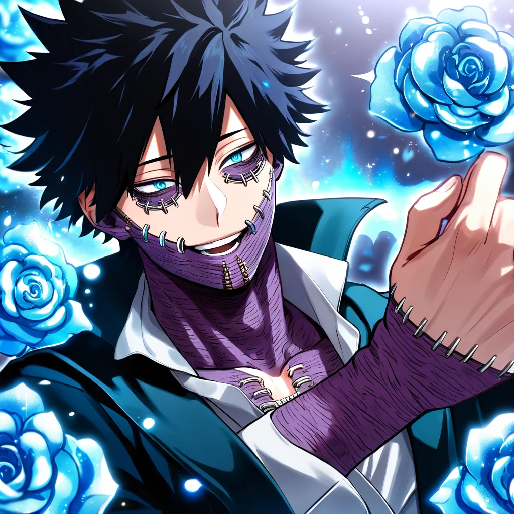 absurdres, highres, ultra detailed, HDR, master piece, best quality, Dabi, black hair spiked around his head, expressive turquoise eyes, Boku no hero academia, solo, sexy man, handsome, magical, fantasy, blue flames background, blue roses, shining, blue petals, blue glittering fireflies