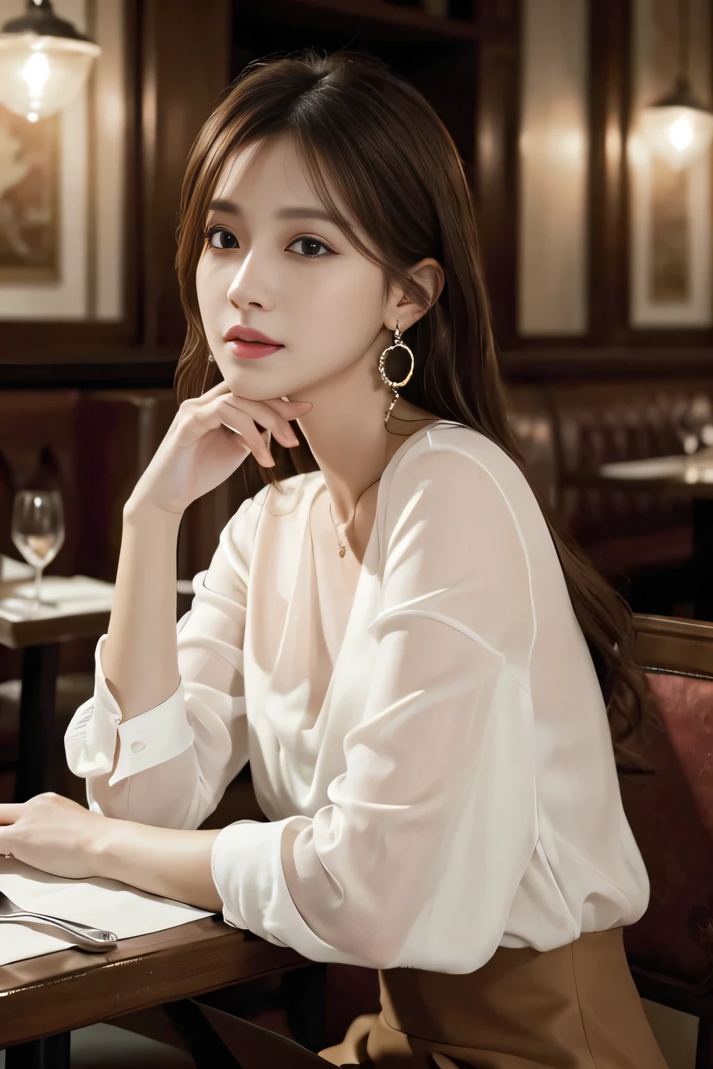 masterpiece, highest quality, Realistic, Very detailed, Finer details, High resolution, 8k wallpaper, One beautiful woman, Wear an elegant white see-through blouse, In a great restaurant, At night, Light brown messy hair, Perfect dynamic composition, Beautiful and beautiful eyes、Big earrings、Sitting in a chair、