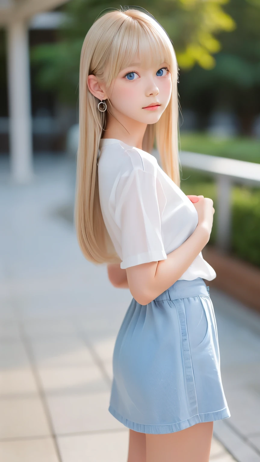 ((sfw: 1.4)), (( detailed face, cute face, detailed face, professional photography)), ((((standing)), from back), (both hands on knee) , leaning forward, earrings)), (( Shiny platinum blonde silk hair, beautiful shiny bangs, big clear sky blue eyes, very beautiful bright eye highlights, 1 Girl)), Ultra High Resolution, (Realistic: 1.4), RAW Photo, Best Quality, (Photorealistic Stick), Focus, Soft Light, (()), (( (young face))), (surface), (depth of field), masterpiece, (realistic), woman, bangs, ((1 girl))