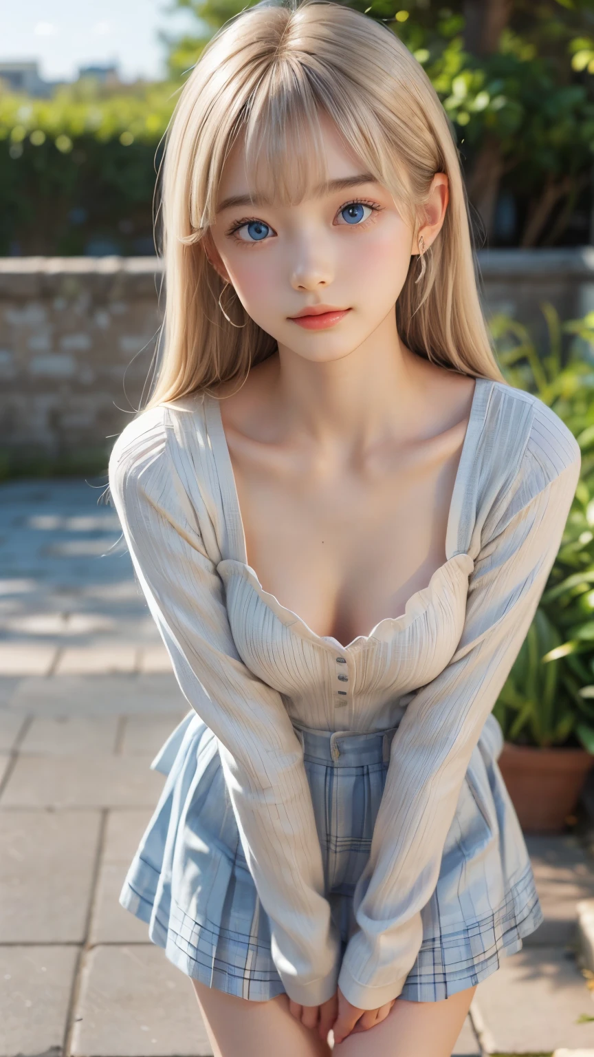 ((sfw: 1.4)), (( detailed face, cute face, detailed face, professional photography)), ((((standing)), from back), (both hands on knee) , leaning forward, earrings)), (( Shiny platinum blonde silk hair, beautiful shiny bangs, big clear sky blue eyes, very beautiful bright eye highlights, 1 Girl)), Ultra High Resolution, (Realistic: 1.4), RAW Photo, Best Quality, (Photorealistic Stick), Focus, Soft Light, ((15 years old)), (( (young face))), (surface), (depth of field), masterpiece, (realistic), woman, bangs, ((1 girl))