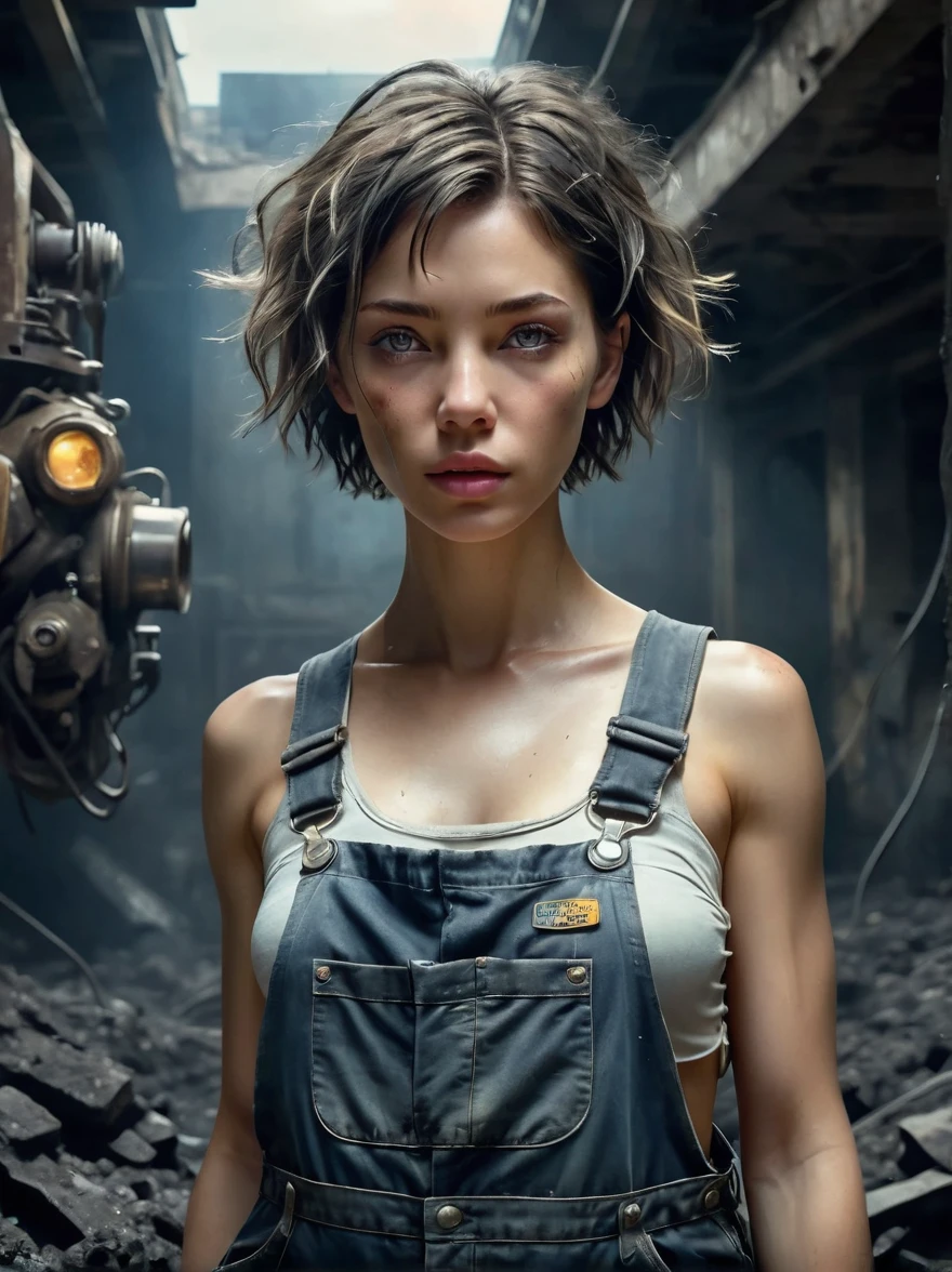 (Vision:1.4), (Wide Angle:1.3), Analog style, Coal miners, woman, (Full body image:1.5), (dirty:1.4), (Dirty overalls, Tattered shoes), Cyberpunk, (Futuristic), (Science Fiction), Very detailed, short hair, Award-winning poster, (((1.4 times more realism))), Emphasize body lines, Staring at the camera, Looking at the camera, High-resolution RAW color photography, Professional photography, Extremely exquisite and beautiful, Extremely detailed, Fine details, Very large file size, Top quality, Photos taken with a SLR camera, multicolored eyes, masterpiece, 8K, anatomically correct, textured skin, accurate, award winning