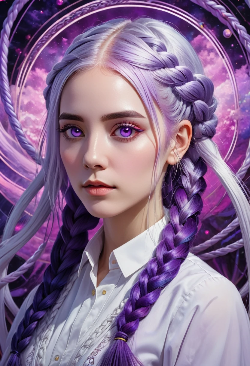 Portrait of a female therapist in deep psychedelic, Surrealism, Hallucinogens, yinji, purple hair, purple eyes, long hair, white hair, double braids, gradient hair, complex, elegant, agility, The content is very detailed, number, Art Station, Concept Art, Smooth, Clear focus, Implications