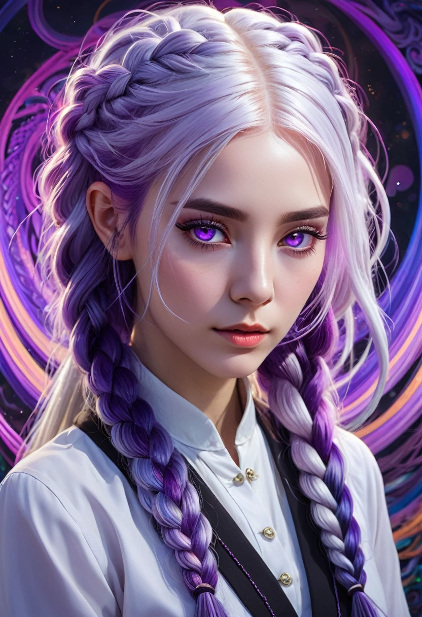 Portrait of a female therapist in deep psychedelic, Surrealism, Hallucinogens, yinji, purple hair, purple eyes, long hair, white hair, double braids, gradient hair, complex, elegant, agility, The content is very detailed, number, Art Station, Concept Art, Smooth, Clear focus, Implications