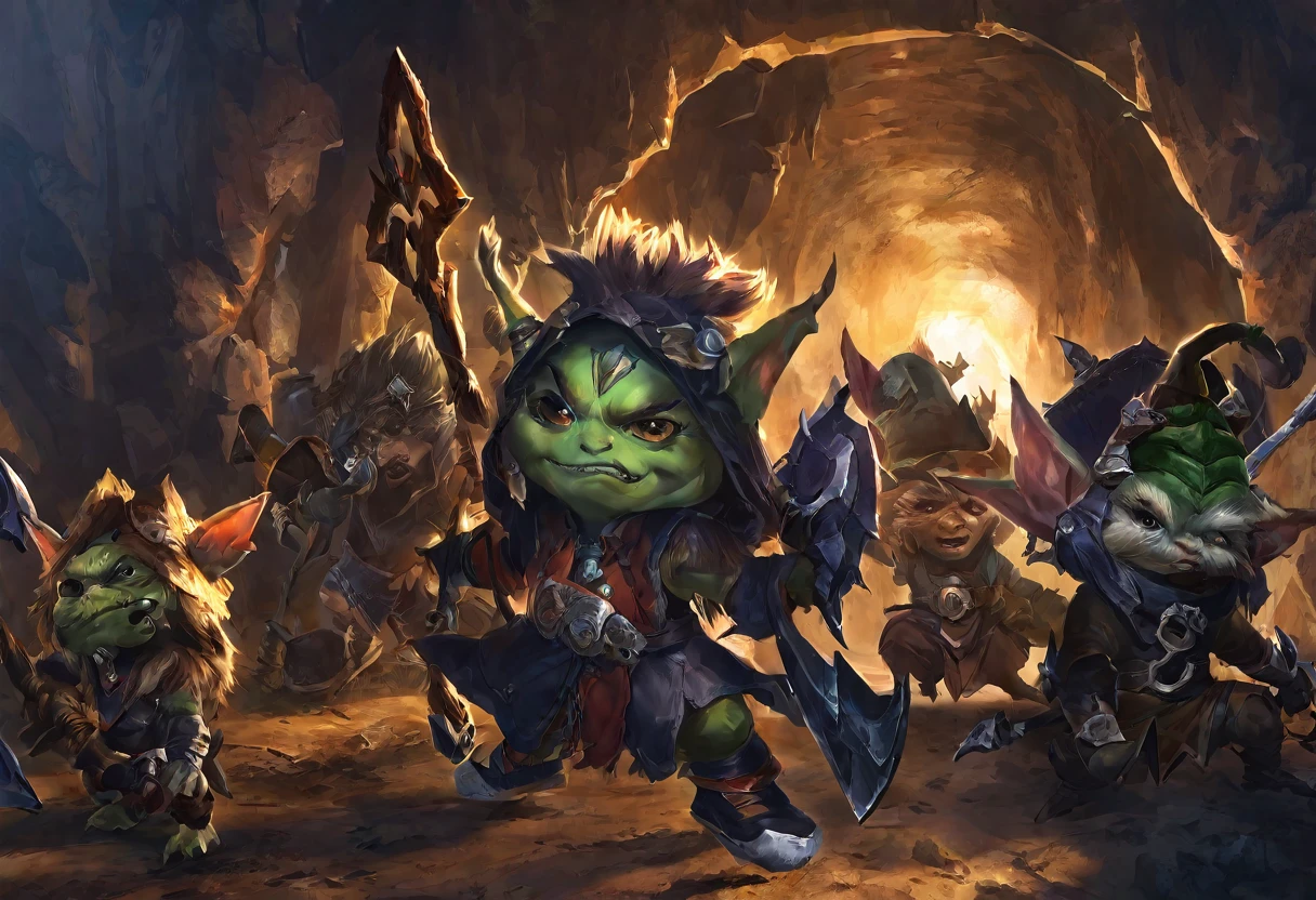 a ragtag horde of goblins, hordes of goblins, goblins charging at viewer, goblins surging forward, evil goblins, hungry goblins, goblins dressed in scrap furs and rags, goblins with big eyes, goblins with big ears, four elite goblins leading from rear, goblin shaman, goblin thief, goblin warrior, goblin warlock, dark cave, cave interior, dramatic lighting, cinematic composition, digital painting, concept art, fantasy, high detail, hyperrealistic, 8k, best quality
