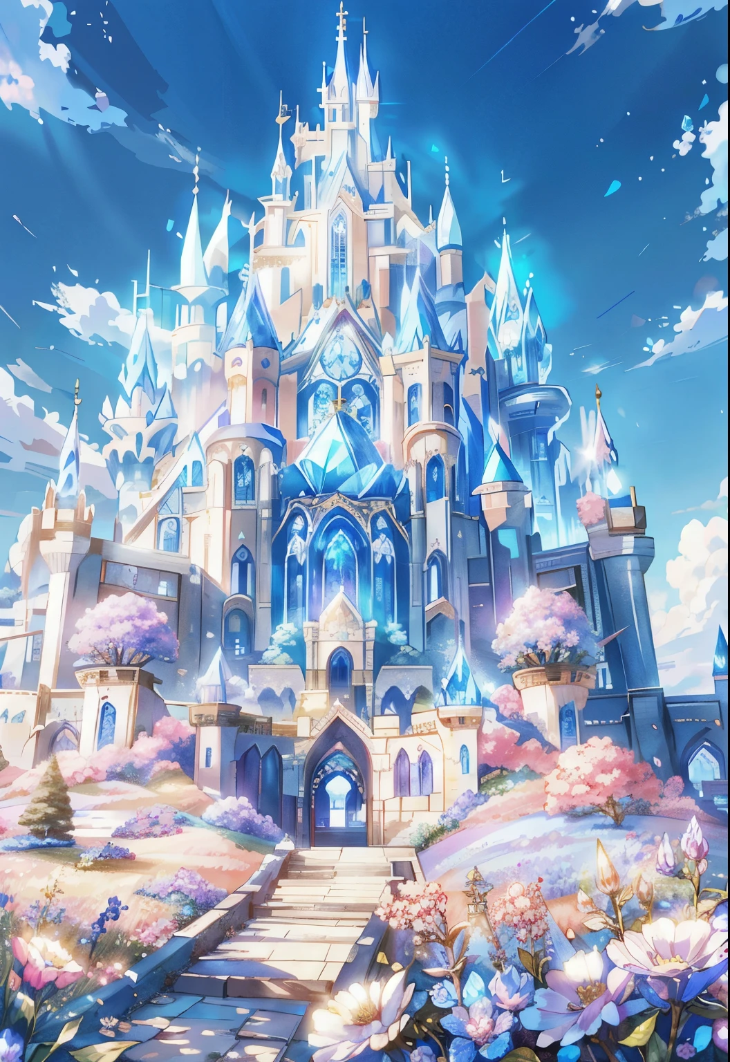 A large castle with lots of flowers and the sky in the background, A palace made of blue crystal , Beautiful fantasy anime, Milky Palace, kingdom of light background, high Fantasy Castle, Floating palace, Magic Castle, Fantasy Castle, Beautiful castle, Anime fantasy illustration, Anime Background art, Anime fantasy artwork, Castle Background, Fantasy art style, Anime Background, with a cathedral background