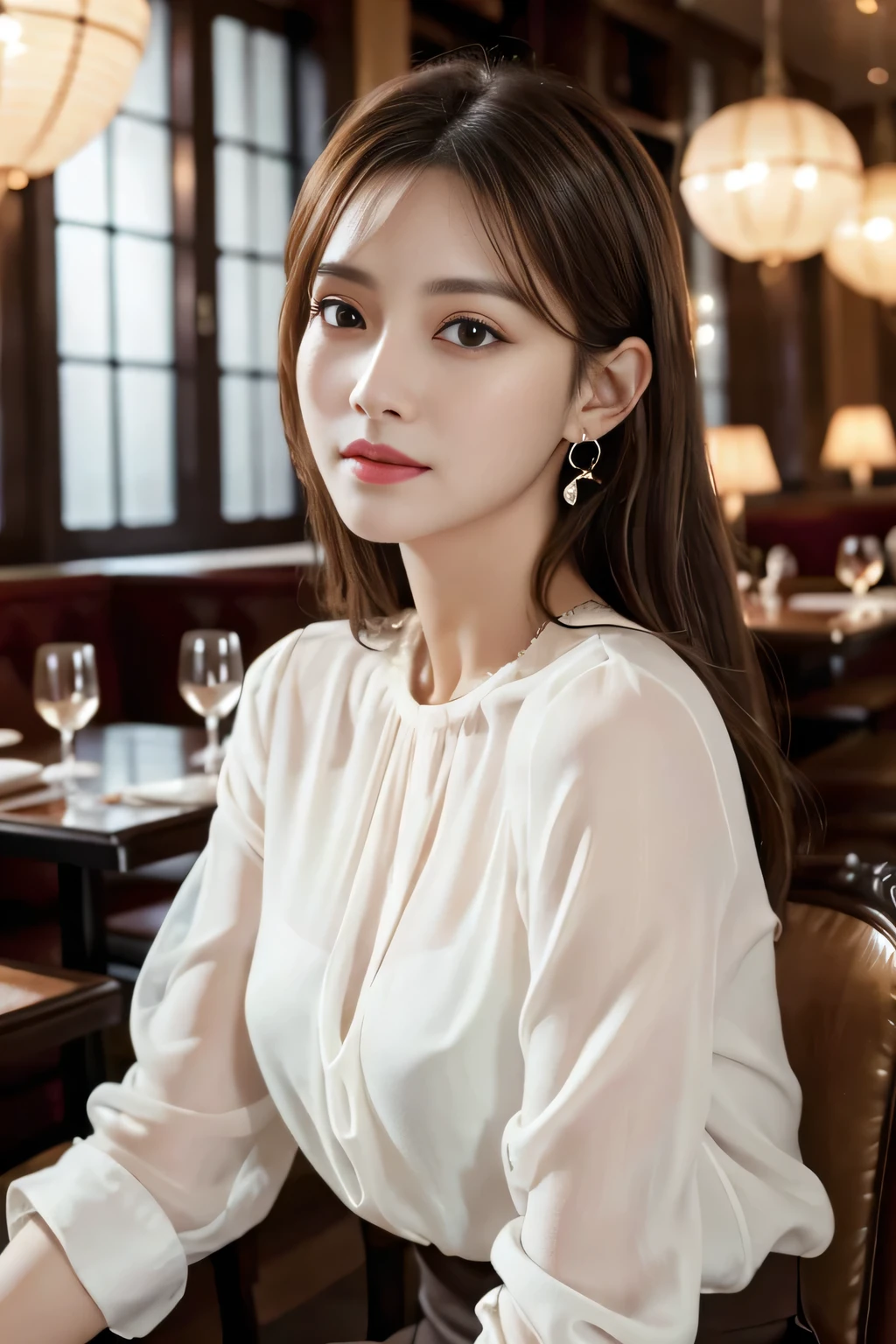 masterpiece, highest quality, Realistic, Very detailed, Finer details, High resolution, 8k wallpaper, One beautiful woman, Wear an elegant white see-through blouse, In a great restaurant, At night, Light brown messy hair, Perfect dynamic composition, Beautiful and beautiful eyes、Big earrings、Sitting in a chair、