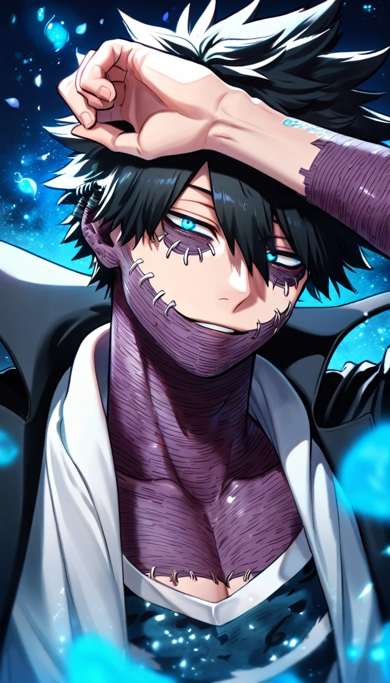 absurdres, highres, ultra detailed, HDR, master piece, best quality, Dabi, black hair spiked around his head, expressive turquoise eyes, Boku no hero academia, solo, sexy man, handsome, magical, fantasy, blue flames background, blue roses, shining, blue petals, blue glittering fireflies