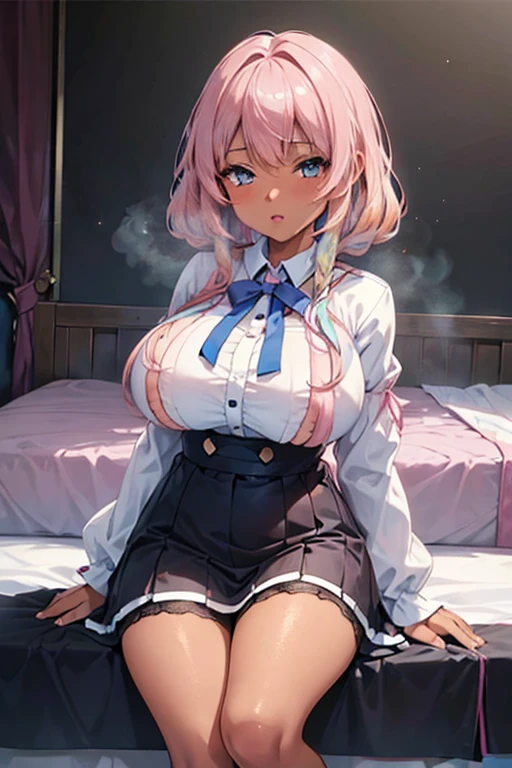 (masterpiece), (best quality), (best detail), (distant general view), (postage stamp),(main color of illustration: bright pink), (secondary color: light blue), young dark skin hatitan female, pink hair, curly hair, innocent girl, cute, pretty, on a big bed, little to no clothes, chubby legs, chubby tummy, big breasts, big butt, butt showing, blue eyes, black girl, dark skin, black girl, dark brown skin girl, black girl