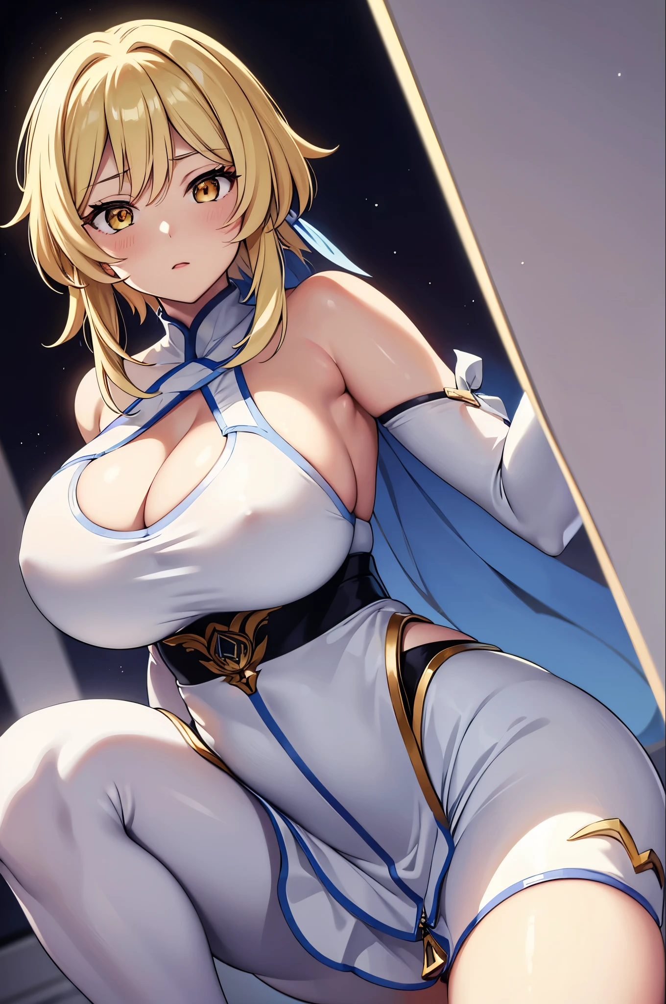 (Lumine) (GenshinImpact)(masterpiece), (curvy anime mom), (ultra detailed), (white background) Lumine beautiful, UHD, HDR, Keqing 8k, intricate and beautiful, a beautiful mature woman, low angle, A beautiful anime girl blonde hair Lumine, golden eyes, gym outfit, curvy body, looking at the viewer, shy, red face, Luminestyle, Lumineface, Luminehair, Lumine, beautiful hands, beautiful feet