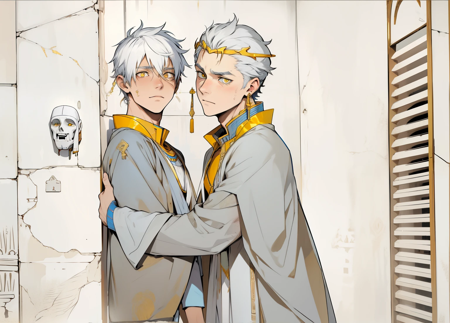 cute 18 year old boy yellow eyes white hair ancient egyptian clothes golden jewelry he is worried scared