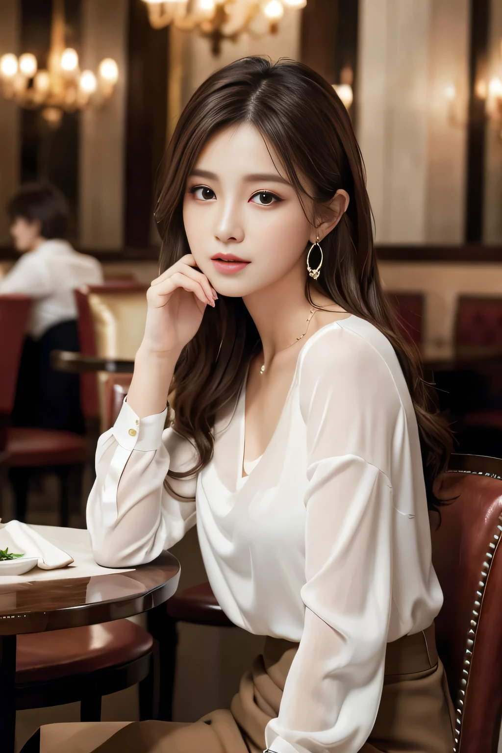 masterpiece, highest quality, Realistic, Very detailed, Finer details, High resolution, 8k wallpaper, One beautiful woman, Wear an elegant white see-through blouse, In a great restaurant, At night, Light brown messy hair, Perfect dynamic composition, Beautiful and beautiful eyes、Big earrings、Sitting in a chair、