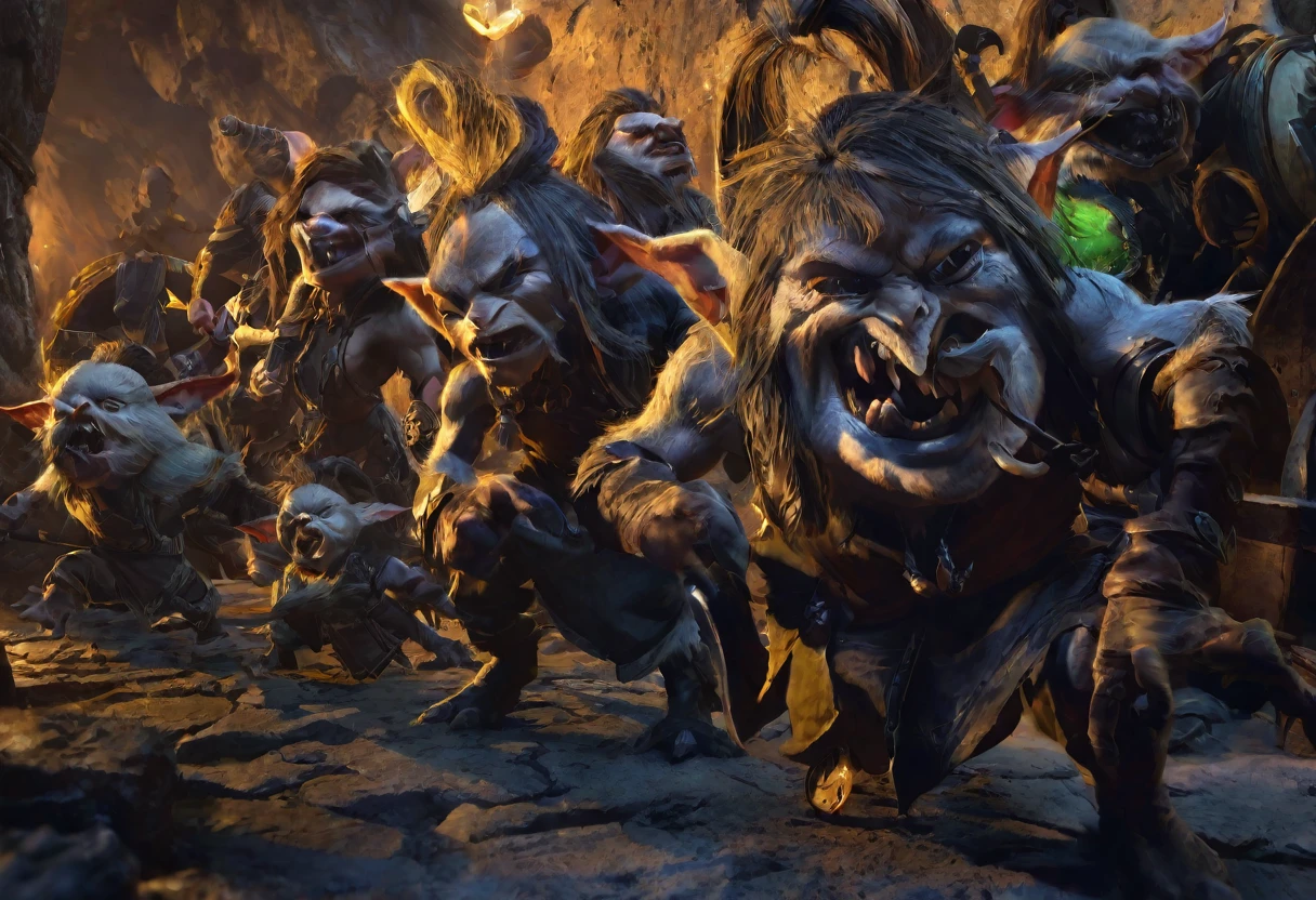 a ragtag horde of goblins, hordes of goblins, goblins charging at viewer, goblins surging forward, evil goblins, hungry goblins, goblins dressed in scrap furs and rags, goblins with big eyes, goblins with big ears, four elite goblins leading from rear, goblin shaman, goblin thief, goblin warrior, goblin warlock, dark cave, cave interior, dramatic lighting, cinematic composition, digital painting, concept art, fantasy, high detail, hyperrealistic, 8k, best quality
