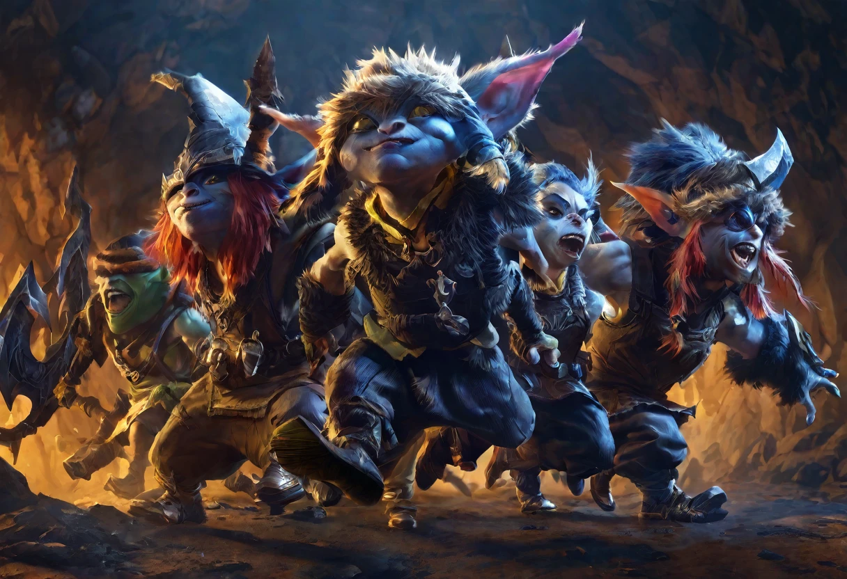 a ragtag horde of goblins, hordes of goblins, goblins charging at viewer, goblins surging forward, evil goblins, hungry goblins, goblins dressed in scrap furs and rags, goblins with big eyes, goblins with big ears, four elite goblins leading from rear, goblin shaman, goblin thief, goblin warrior, goblin warlock, dark cave, cave interior, dramatic lighting, cinematic composition, digital painting, concept art, fantasy, high detail, hyperrealistic, 8k, best quality