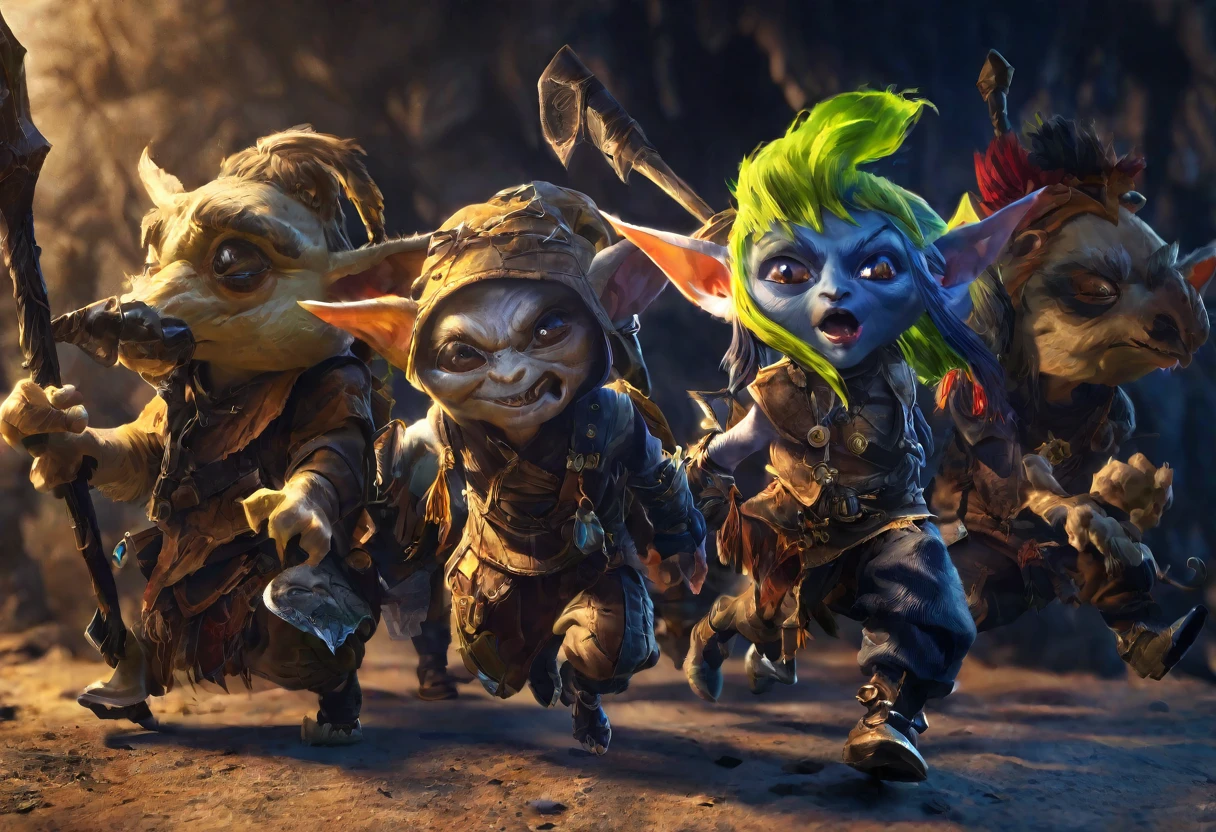 a ragtag horde of goblins, hordes of goblins, goblins charging at viewer, goblins surging forward, evil goblins, hungry goblins, goblins dressed in scrap furs and rags, goblins with big eyes, goblins with big ears, four elite goblins leading from rear, goblin shaman, goblin thief, goblin warrior, goblin warlock, dark cave, cave interior, dramatic lighting, cinematic composition, digital painting, concept art, fantasy, high detail, hyperrealistic, 8k, best quality
