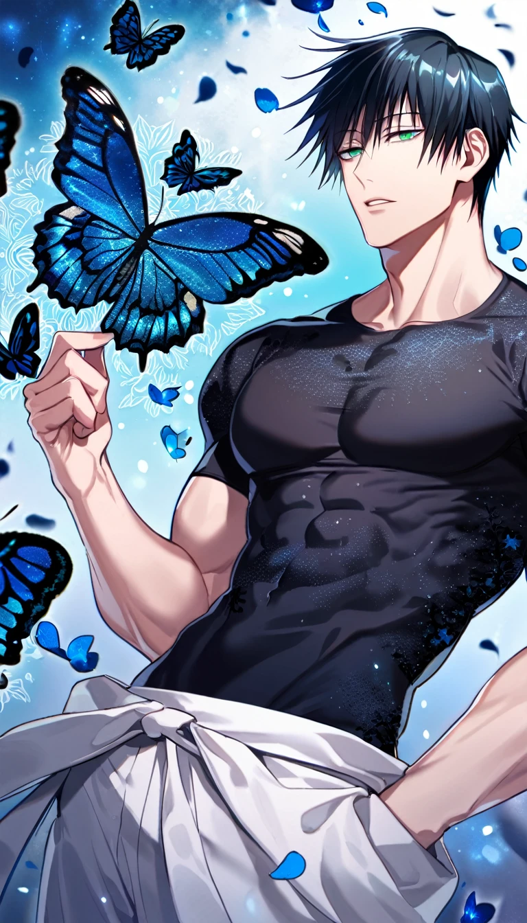 Ultra detailed, Highres, absurdres, HDR, Fushiguro Touji, black straight hair, expressive green eyes, black tight shirt with patterns, Jujutsu Kaisen, blue flowers, petals, handsome, y man, solo, very detailed eyes and face, glittering blue butlies, master piece, toned chest, glittering, fantasy, cross, blue background, blue flames, white baggy pants,
