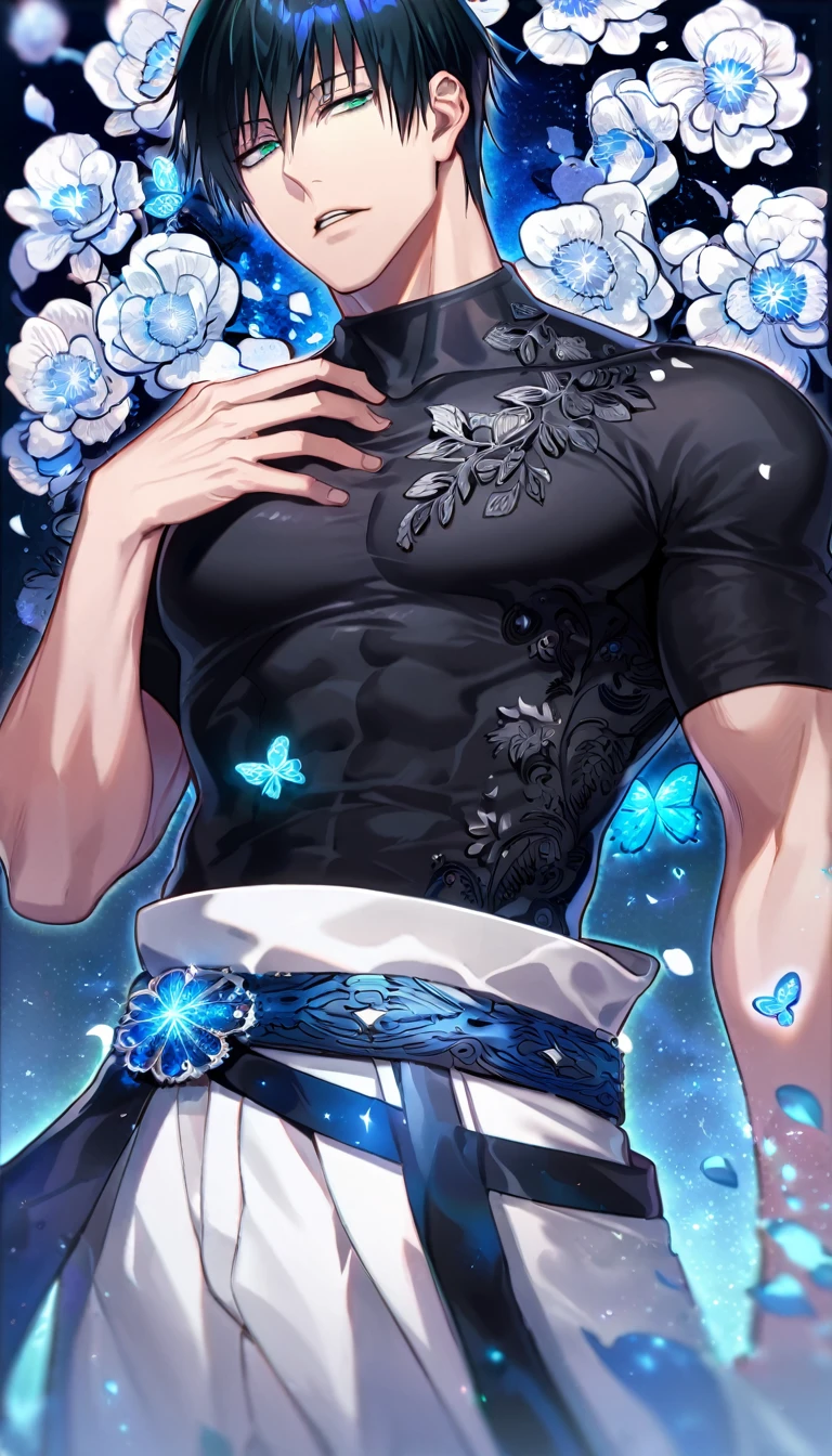 Ultra detailed, Highres, absurdres, HDR, Fushiguro Touji, black straight hair, expressive green eyes, black tight shirt with patterns, Jujutsu Kaisen, blue flowers, petals, handsome, sexy man, solo, very detailed eyes and face, glittering blue butterflies, master piece, toned chest, glittering, fantasy, cross, blue background, blue flames, white baggy pants,