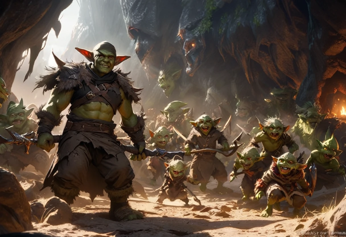 a ragtag horde of goblins, hordes of goblins, goblins charging at viewer, goblins surging forward, evil goblins, hungry goblins, goblins dressed in scrap furs and rags, goblins with big eyes, goblins with big ears, four elite goblins leading from rear, goblin shaman, goblin thief, goblin warrior, goblin warlock, dark cave, cave interior, dramatic lighting, cinematic composition, digital painting, concept art, fantasy, high detail, hyperrealistic, 8k, best quality