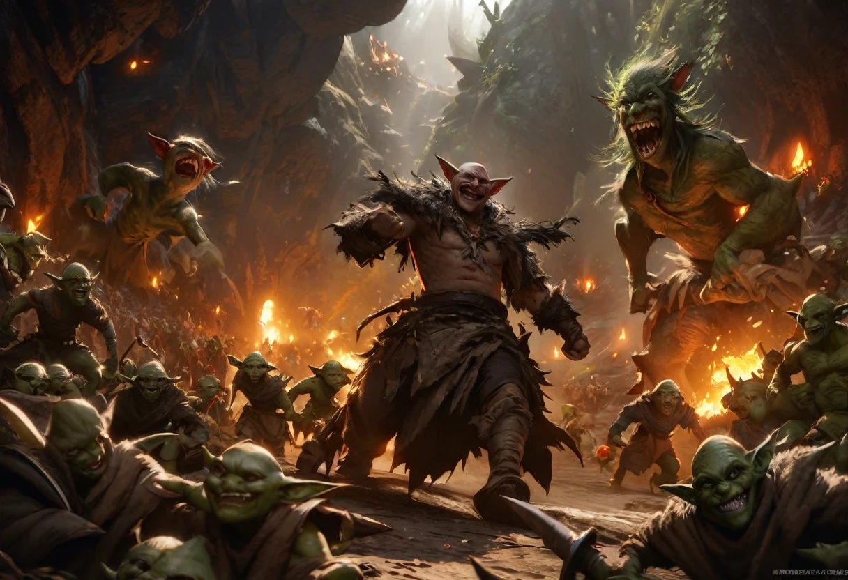 a ragtag horde of goblins, hordes of goblins, goblins charging at viewer, goblins surging forward, evil goblins, hungry goblins, goblins dressed in scrap furs and rags, goblins with big eyes, goblins with big ears, four elite goblins leading from rear, goblin shaman, goblin thief, goblin warrior, goblin warlock, dark cave, cave interior, dramatic lighting, cinematic composition, digital painting, concept art, fantasy, high detail, hyperrealistic, 8k, best quality