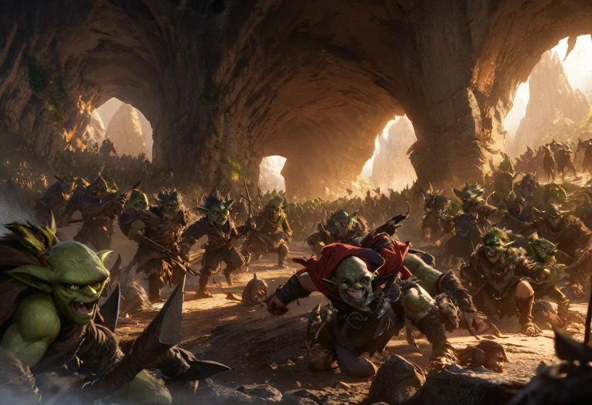 a ragtag horde of goblins, hordes of goblins, goblins charging at viewer, goblins surging forward, evil goblins, hungry goblins, goblins dressed in scrap furs and rags, goblins with big eyes, goblins with big ears, four elite goblins leading from rear, goblin shaman, goblin thief, goblin warrior, goblin warlock, dark cave, cave interior, dramatic lighting, cinematic composition, digital painting, concept art, fantasy, high detail, hyperrealistic, 8k, best quality