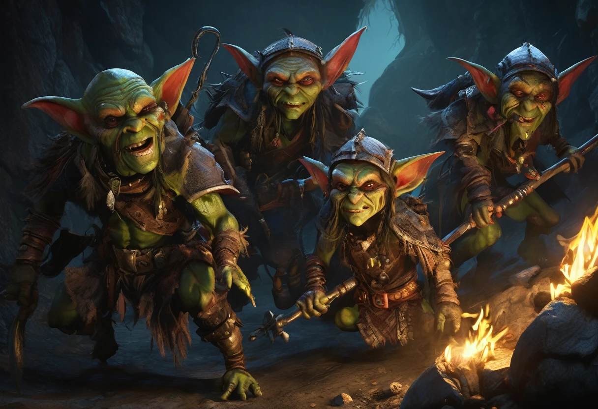 a ragtag horde of goblins, hordes of goblins, goblins charging at viewer, goblins surging forward, evil goblins, hungry goblins, goblins dressed in scrap furs and rags, goblins with big eyes, goblins with big ears, four elite goblins leading from rear, goblin shaman, goblin thief, goblin warrior, goblin warlock, dark cave, cave interior, dramatic lighting, cinematic composition, digital painting, concept art, fantasy, high detail, hyperrealistic, 8k, best quality