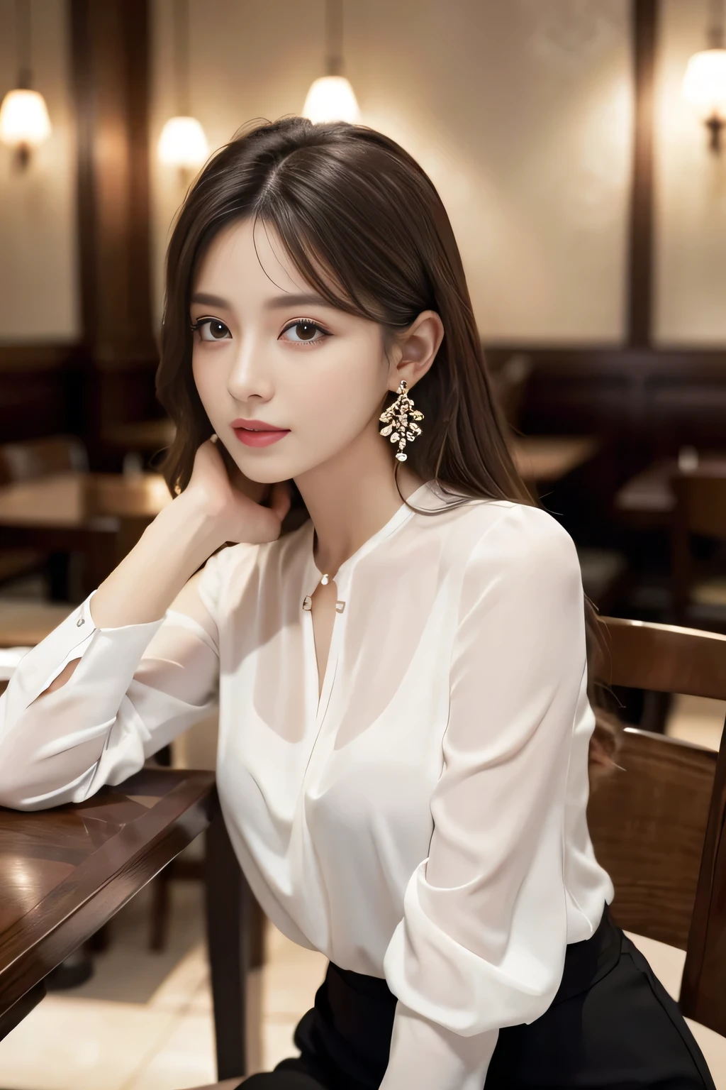 masterpiece, highest quality, Realistic, Very detailed, Finer details, High resolution, 8k wallpaper, One beautiful woman, Wear an elegant white see-through blouse, In a great restaurant, At night, Light brown messy hair, Perfect dynamic composition, Beautiful and beautiful eyes、Big earrings、Sitting in a chair、