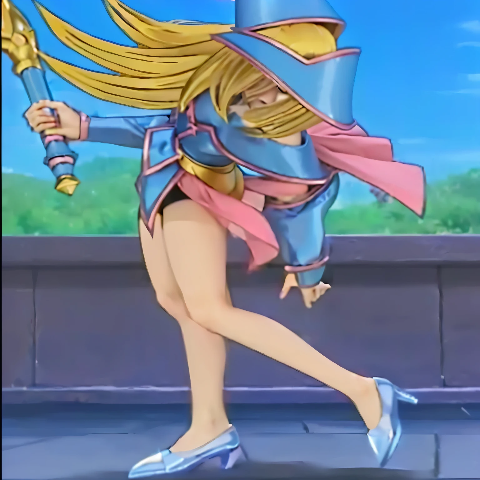 A woman in pink and blue holding a sword, dark magician girl from yu-gi-oh, black magician girl, beautiful dark magician girl, yugioh style, Lucy anime girl, Charming Angel Digimon, full body zenkai! Asuka Suit, yami kawaii, magic , Zodiac Knight Girl, Inspired by Hiromu Arakawa