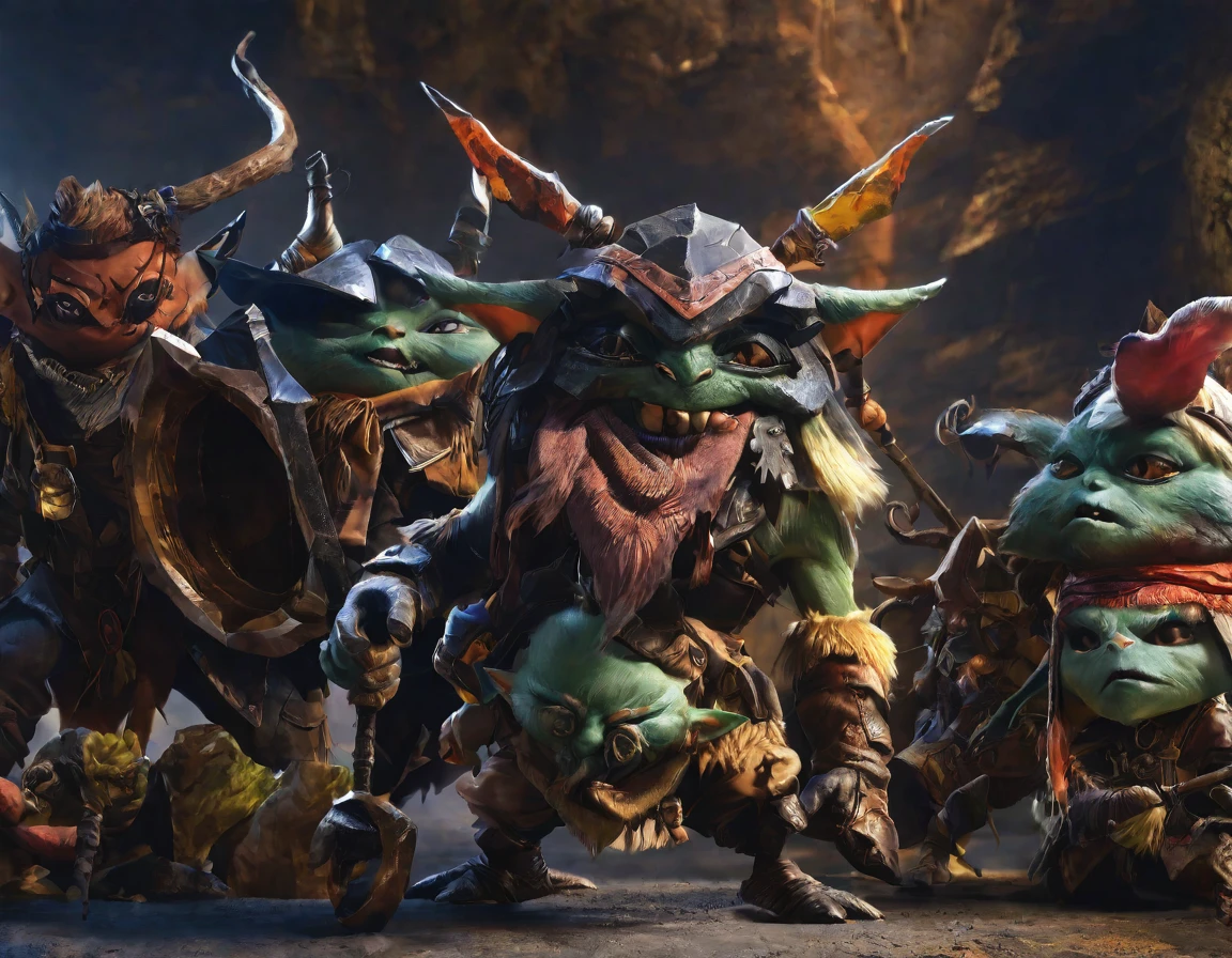 a ragtag horde of goblins, hordes of goblins, goblins charging at viewer, goblins surging forward, evil goblins, hungry goblins, goblins dressed in scrap furs and rags, goblins with big eyes, goblins with big ears, four elite goblins leading from rear, goblin shaman, goblin thief, goblin warrior, goblin warlock, dark cave, cave interior, dramatic lighting, cinematic composition, digital painting, concept art, fantasy, high detail, hyperrealistic, 8k, best quality
