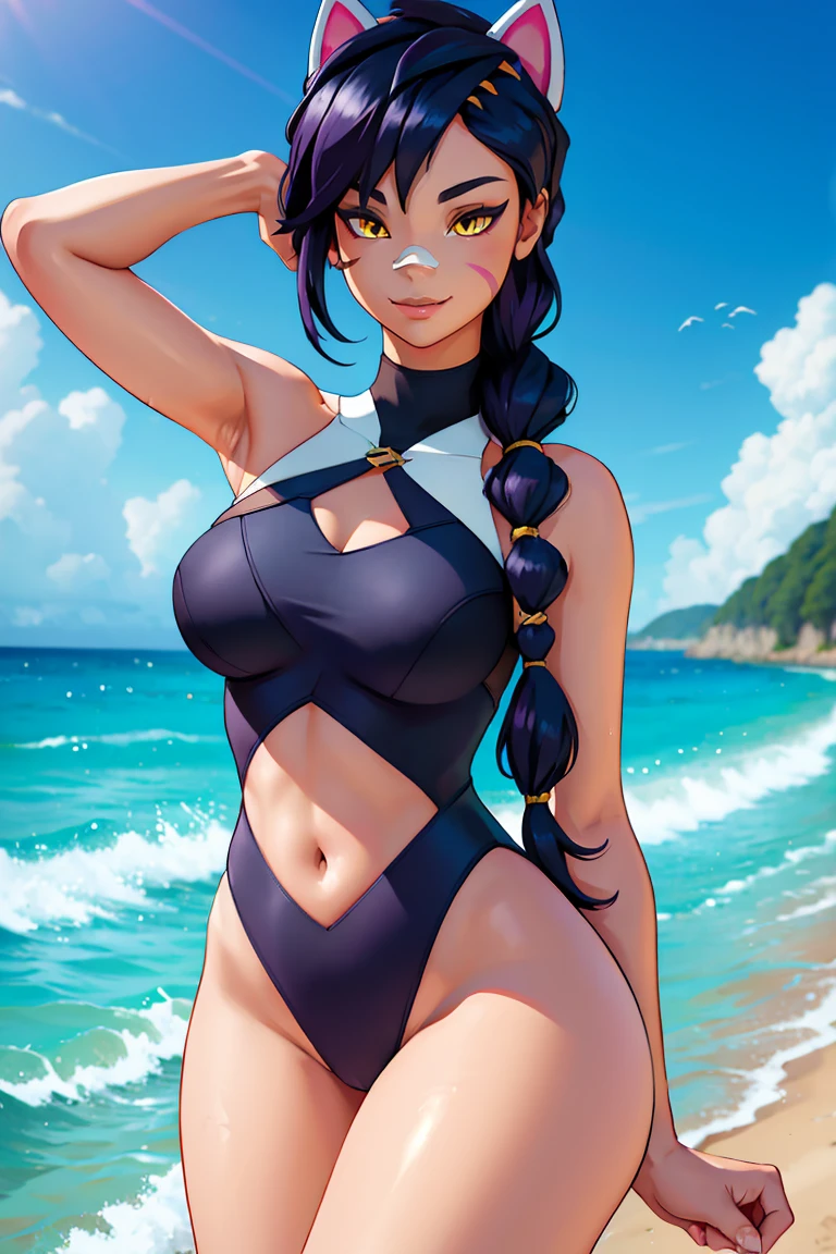 Erisa, 1girl, solo, long hair, looking at viewer, black hair, bandaid on face, yellow eyes, animal ears, smile, bandaid on nose, braid, cat ears, bandaid, bangs, breasts, fake animal ears, simple background, fang, bare shoulders, scar, bare shoulders, closed mouth, hair over one eye, portrait, hair over shoulder, legs, seductive, bathing suit, 2 piece swimsuit, beach, realistic, highly detailed face, detailed eyes, best quality, masterpiece, ultra detail, ultra high res, extreme detail, 8k, uhd, voluptuous