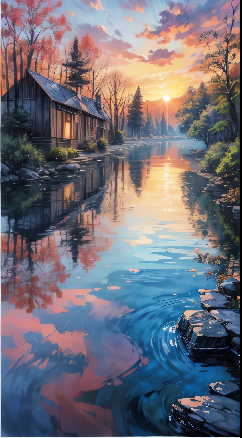 Impressionist watercolor landscape showing a rustic dwelling perched precariously on a quietly flowing river, The setting sun creates a colorful canvas in the sky、The glow of the surrounding trees々As if reflected on the calm water, Quaint Residence, Quiet river, The Sunset Sun, Vibrant sunset, Rich natural environment, Twilight, Pictorial texture, luxuriant leaves, Gentle Harmony, Reflection on the surface of the water, Warm color palette, Wide range of brush strokes, Dreamy atmosphere, Gradient Sky, Soft lighting, Artistic impression