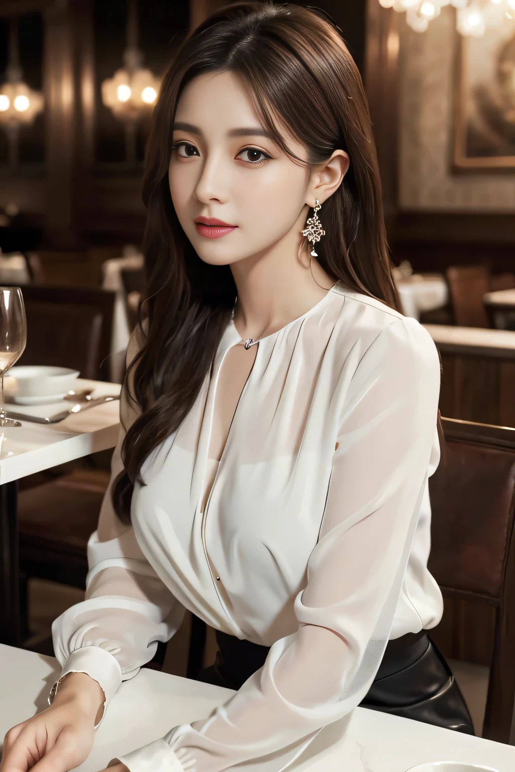 masterpiece, highest quality, Realistic, Very detailed, Finer details, High resolution, 8k wallpaper, One beautiful woman, Wear an elegant white see-through blouse, In a great restaurant, At night, Light brown messy hair, Perfect dynamic composition, Beautiful and beautiful eyes、Big earrings、Sitting in a chair、