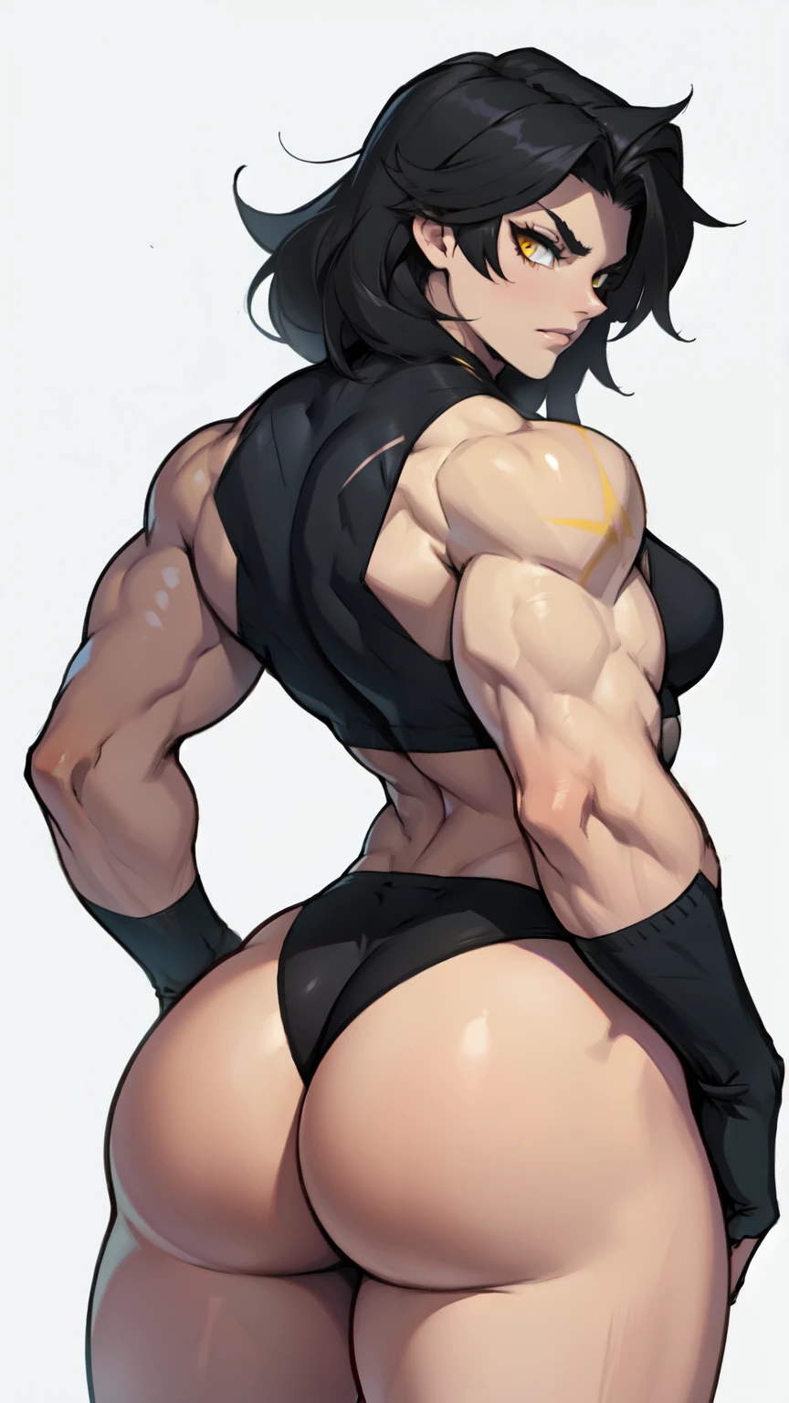 pale skin black hair yellow eyes muscular woman huge ass