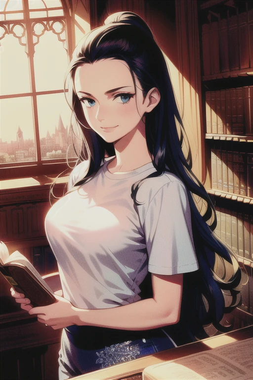 masterpiece, ((ultra detailed background, delicate pattern, intricate detail)), (highly detailed, fine details), best quality, beautiful lighting,((medium breasts, slim girl)), white T-shirt, jeans, simple T-shirt, NicoRobinV2, 1girl, black hair, long hair, solo, medium breasts, smile, blue eyes, eyewear on head, closed mouth, hair slicked back, jewelry, (complex detailed background, inside, castle room environment, medieval castle library, library, gray walls, window, bookshelf), ((portrait, holding closed book)),