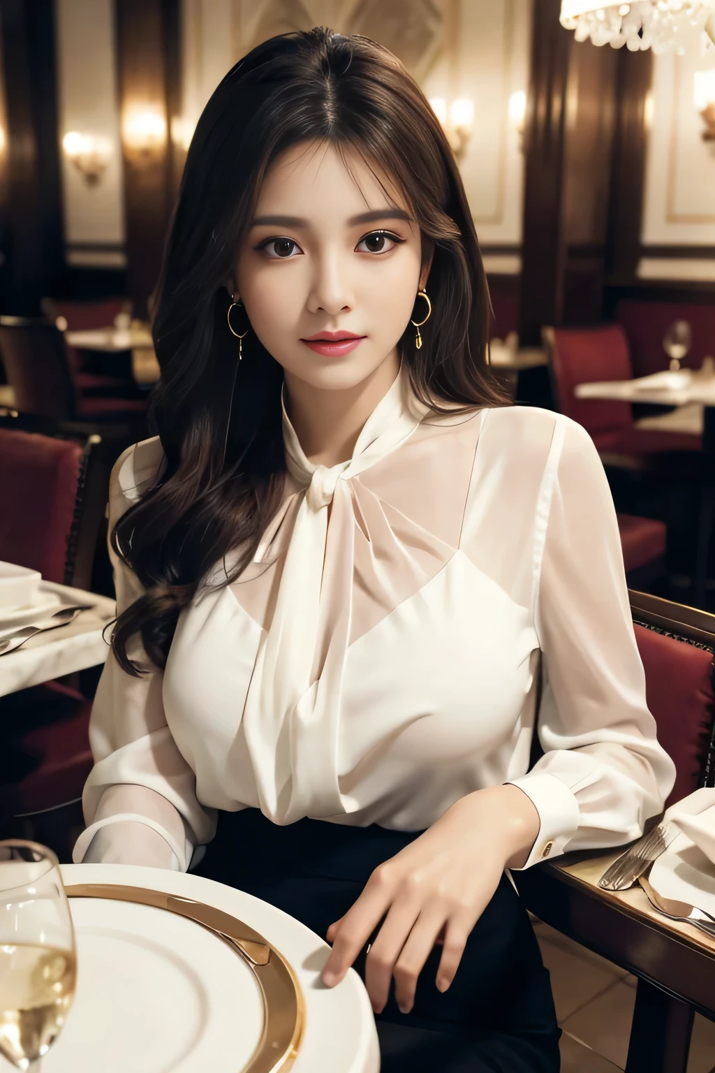 masterpiece, highest quality, Realistic, Very detailed, Finer details, High resolution, 8k wallpaper, One beautiful woman, Wear an elegant white see-through blouse, In a great restaurant, At night, Light brown messy hair, Perfect dynamic composition, Beautiful and beautiful eyes、Big earrings、Sitting in a chair、