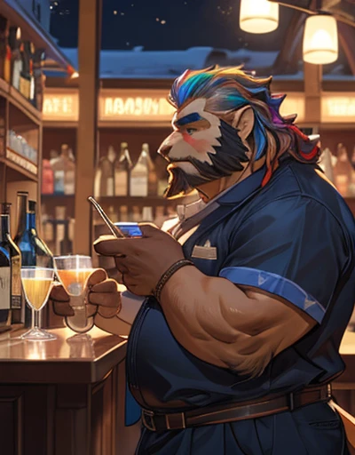 Sentado no banco do Bar, Only plump chubby extremely thick thighs large belly fat age 65 elderly bearded old man, usando apenas sunga branca,((Various colored hair strands, fios do cabelo branco ou vermelho ou verde ou cinza ou azul ou laranja ou amarelo)) he is holding a glass of drinks, he is holding a glass of drink, he is holding a bottle of drink, he is holding a shop mug.