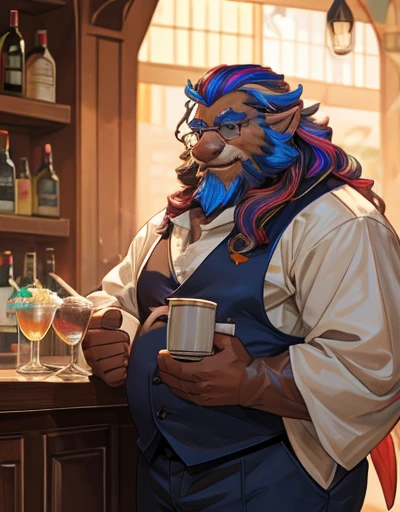 Sentado no banco do Bar, Only plump chubby extremely thick thighs large belly fat age 65 elderly bearded old man, usando apenas sunga branca,((Various colored hair strands, fios do cabelo branco ou vermelho ou verde ou cinza ou azul ou laranja ou amarelo)) he is holding a glass of drinks, he is holding a glass of drink, he is holding a bottle of drink, he is holding a shop mug.